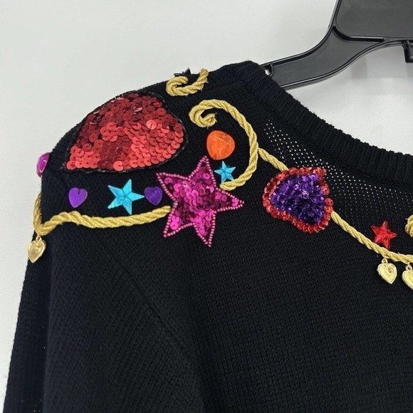 Vintage 80s Plain Jane Black Sweater Dress Embellished Sequins Midi Length M - Picture 3 of 12